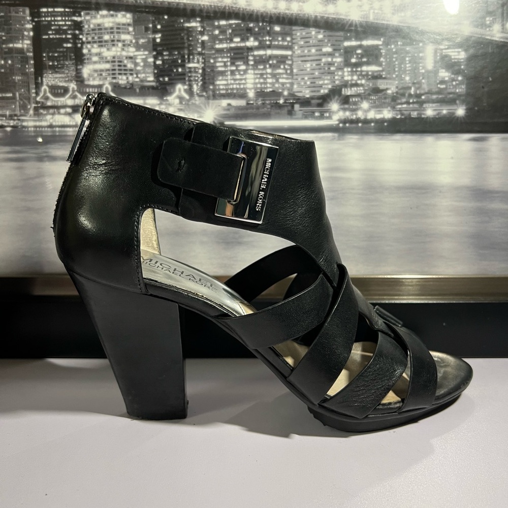 Michael Kors Guiliana Leather Block High Heel Sandal - Black -Women Size 8